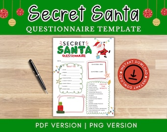 May include: A printable Secret Santa questionnaire template with a festive Christmas theme. The template includes sections for "About You", "Something I Need", "Something I Want", and a "Wish List".