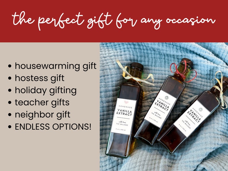 May include: Three glass bottles of homemade vanilla extract with white labels that say "Homemade Vanilla Extract" and "The Willows". The bottles are on a blue fabric background.