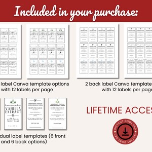 May include: A digital download for printable labels for homemade vanilla extract. The image shows two Canva templates with 12 labels per page, six individual label templates, and a download button. The text "LIFETIME ACCESS!" is displayed in red.