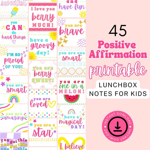 Printable Lunch Notes, Lunch Box Notes, Lunch Box Jokes, Lunch Notes, Affirmation Cards for Kids, Printable Affirmation Cards,Back to School