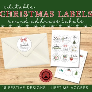 May include: Editable Christmas address labels with 18 festive designs. The labels feature a variety of Christmas themes, including wreaths, ornaments, and Santa Claus. The labels are perfect for adding a personal touch to your holiday gifts.