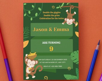 May include: Green invitation card with a jungle theme. It features two monkeys, one holding bananas, and the text "Double the giggles, Double the grins, Celebration for the twins, Jason & Emma are turning 9, 2PM Saturday 22 December 2023, at 123 Anywhere St, Any City, RSVP at +123-456-7000".
