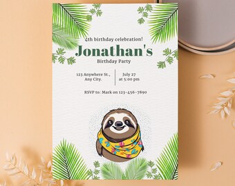 Invito di compleanno a tema bradipo: invito modificabile per una festa a tema animali (download digitale, modificabile, stampabile)