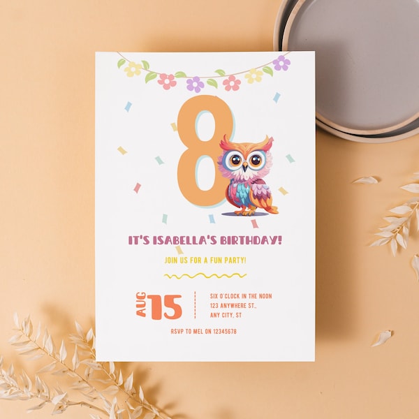 Owl Birthday Invitation for Kids Birthday Invite Cute Owl Invite Animal Birthday Invite Editable Printable Invite for Girl 8thBirhtday