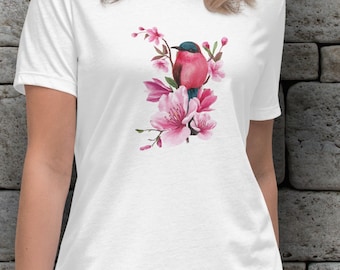 Cherry Blossom Bird T-Shirt: Elegant Women's Nature Tee