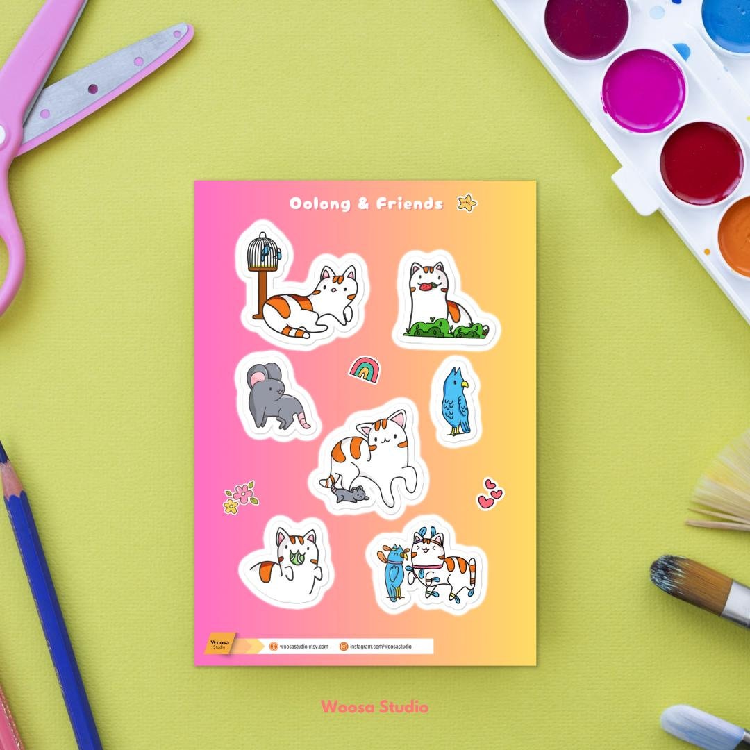 Cute Cat Sticker Sheet Hand Drawn Stickers Kitty Sticker Vinyl Sticker ...