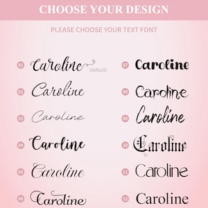 Op de afbeelding: Een roze afbeelding met de tekst "NINA ART" bovenaan. Daaronder staat "CHOOSE YOUR DESIGN" en "PLEASE CHOOSE YOUR TEXT FONT." Twaalf verschillende lettertypestijlen worden getoond, elk met de naam "Caroline."