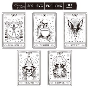 May include: Five black and white tarot cards with a skull motif. The cards are titled "The Gym Lover", "The Coffee", "Butterfly", "The Witch", and "The Lovers".