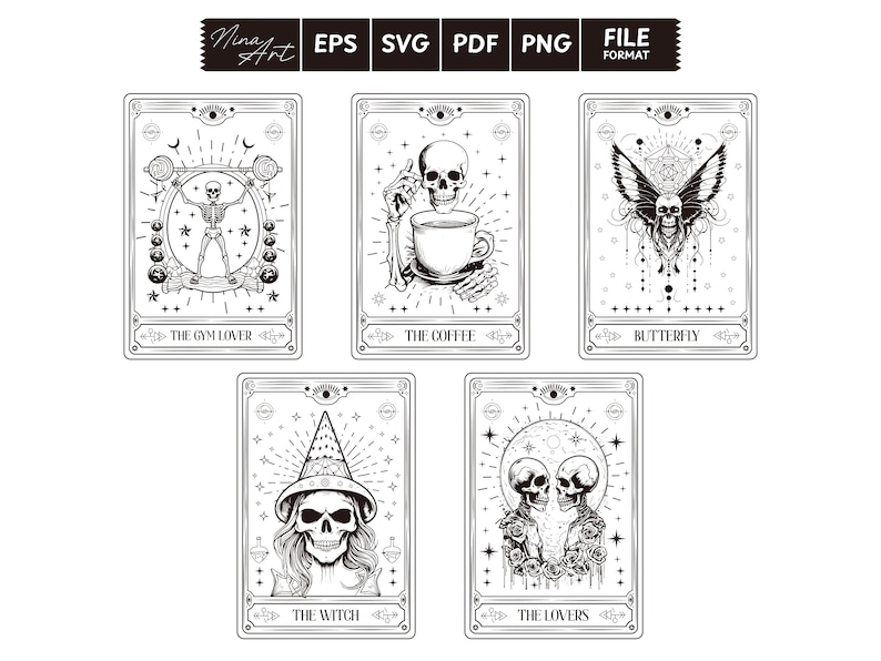 May include: Five black and white tarot cards with a skull motif. The cards are titled "The Gym Lover", "The Coffee", "Butterfly", "The Witch", and "The Lovers".