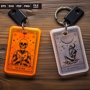 May include: Two keychains with a skeleton design. The keychain on the left is orange and features a skeleton reading a book with the text "The Reader". The keychain on the right is white and features a skeleton sitting with the text "The Overthinker".