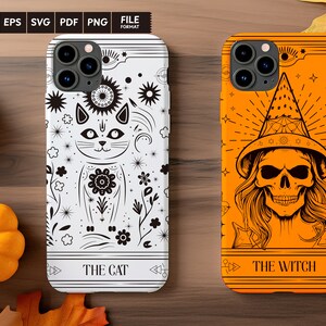 May include: Two phone cases with a white background and black designs. The case on the left has a cat with a crown and the text "The Cat". The case on the right has a skull with a witch's hat and the text "The Witch".