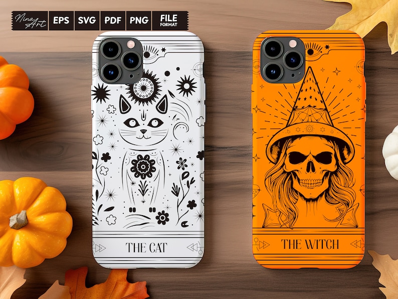 May include: Two phone cases with a white background and black designs. The case on the left has a cat with a crown and the text "The Cat". The case on the right has a skull with a witch's hat and the text "The Witch".
