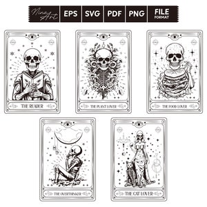 May include: Five black and white tarot cards with a skull theme. The cards are titled "The Reader", "The Plant Lover", "The Food Lover", "The Overthinker", and "The Cat Lover".