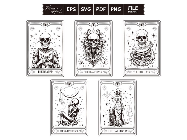 May include: Five black and white tarot cards with a skull theme. The cards are titled "The Reader", "The Plant Lover", "The Food Lover", "The Overthinker", and "The Cat Lover".