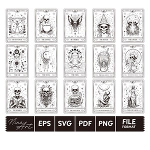Lustige Tarotkarten Bundle SVG, Tarotkarten svg, lustige Tarotkarten svg, Skelett png, Schädel png, mystisch, Sublimation PNG