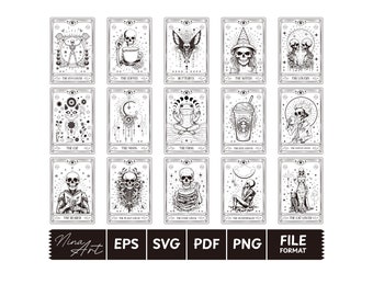 May include: A set of 16 black and white tarot cards featuring various illustrations of skeletons, animals, and objects. The cards are labelled with names such as "The Owl", "The Coffee", "The Frog", and "The Cat Lover".