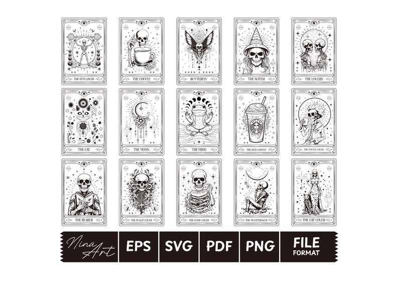 May include: A set of 16 black and white tarot cards featuring various illustrations of skeletons, animals, and objects. The cards are labeled with names such as "The Owl", "The Coffee", "The Frog", and "The Cat Lover".