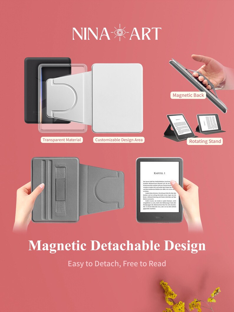 Peut inclure: Une coque de liseuse magn&eacute;tique d&eacute;tachable avec une section en mat&eacute;riau transparent, une zone de design personnalisable et un support rotatif. La coque inclut un dos magn&eacute;tique. Le texte indique NINA-ART, Magnetic Detachable Design et Easy to Detach, Free to Read.
