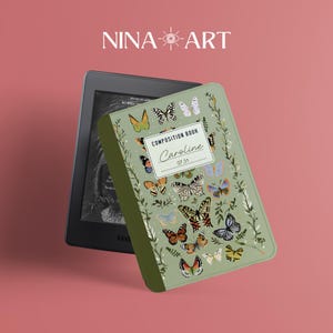 May include: A green composition book cover with a butterfly design. The cover has a gold border and the text "COMPOSITION BOOK" and "Caroline 07.31" printed on it.