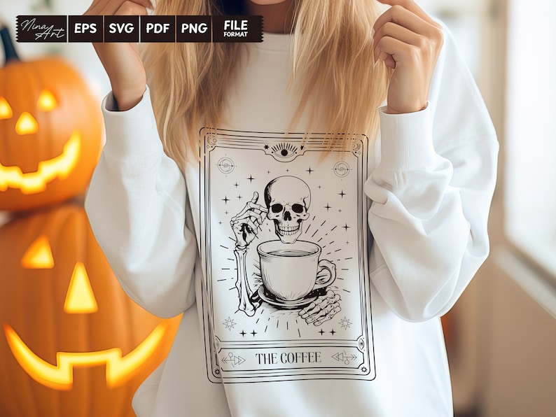 May include: A white sweatshirt with a black and white illustration of a skeleton holding a coffee cup. The illustration is in a vintage style frame with the text "The Coffee" at the bottom.