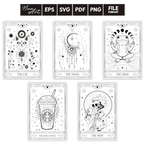 May include: A set of five black and white tarot cards with illustrations of a cat, moon, frog, iced coffee, and a skeleton. The cards are framed with a decorative border and have the names of each card written below the image.
