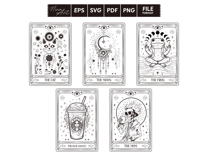 May include: A set of five black and white tarot cards with illustrations of a cat, moon, frog, iced coffee, and a skeleton. The cards are framed with a decorative border and have the names of each card written below the image.