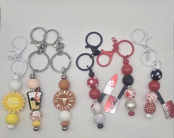 Beaded Keychains with Charms: Sun, Drink, and Butcher Knife Designs