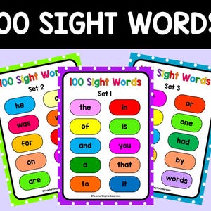 May include: Three educational posters titled 100 Sight Words, labeled Set 1, Set 2, and Set 3. Each poster features colorful rounded rectangular buttons containing individual words. The posters have polka-dot borders in green, purple, and blue.