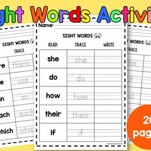 Puede incluir: Una hoja de trabajo educativa titulada Sight Words Activity con columnas para leer, trazar y escribir palabras como she, do, how, their e if. El documento incluye una línea para el nombre y una insignia circular naranja que indica 20 pages.