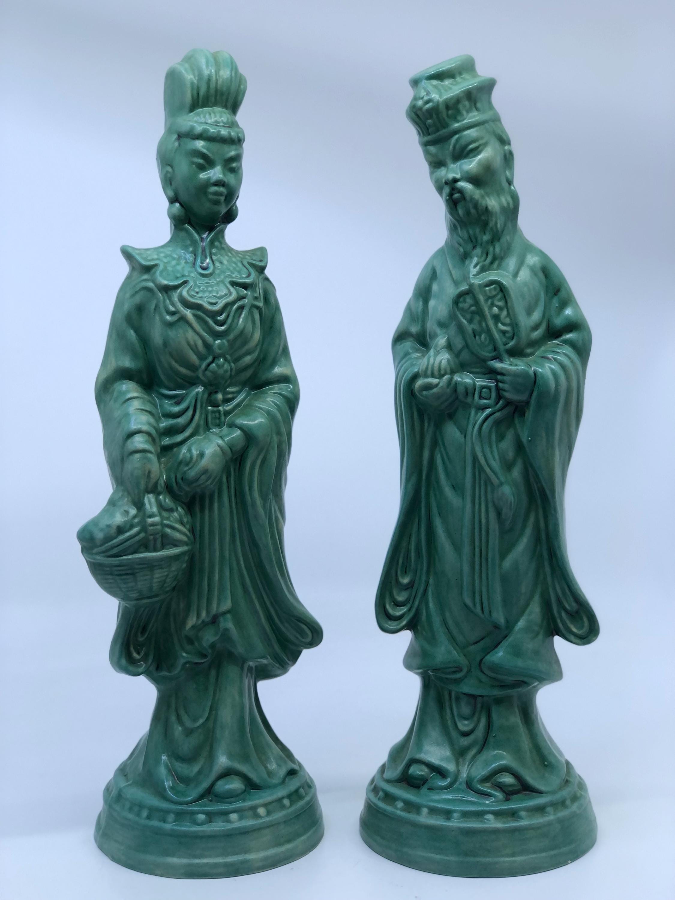 VTGChinoiserie Celadon Green Ceramic Emperor Empress Figurines Pair 13" Flint 82
