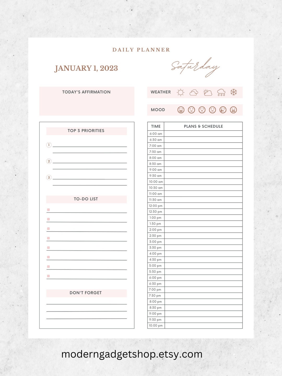Printable Daily Planner Template Classic. Editable PDF Etsy