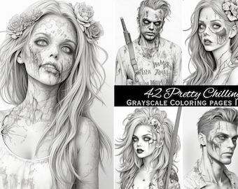 Halloween-horrorzombie digitale kunst pdf Spooky zombies digitale Instant Download afdrukbaar volwassen Halloween kleurboek - grijstinten