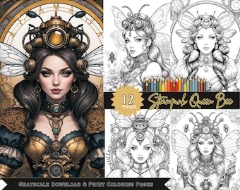 Beautiful Digital Queen Bee Steampunk Women Coloring Book Pages Download and Print Grayscale Steampunk Coloring Book Pages Printable