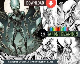 Può includere: Un libro da colorare in scala di grigi con 23 pagine di illustrazioni di alieni. La copertina mostra un disegno dettagliato di un alieno grigio con occhi grandi e un corpo sottile. Il titolo del libro è "Alien Invasion".
