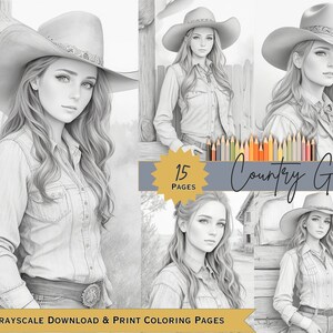 Digital Art Country Girl Coloring Book - Instant Download -Beautiful Grayscale Country Woman   - Printable PDF&#39;s Adult Relaxing Pages/Sheets