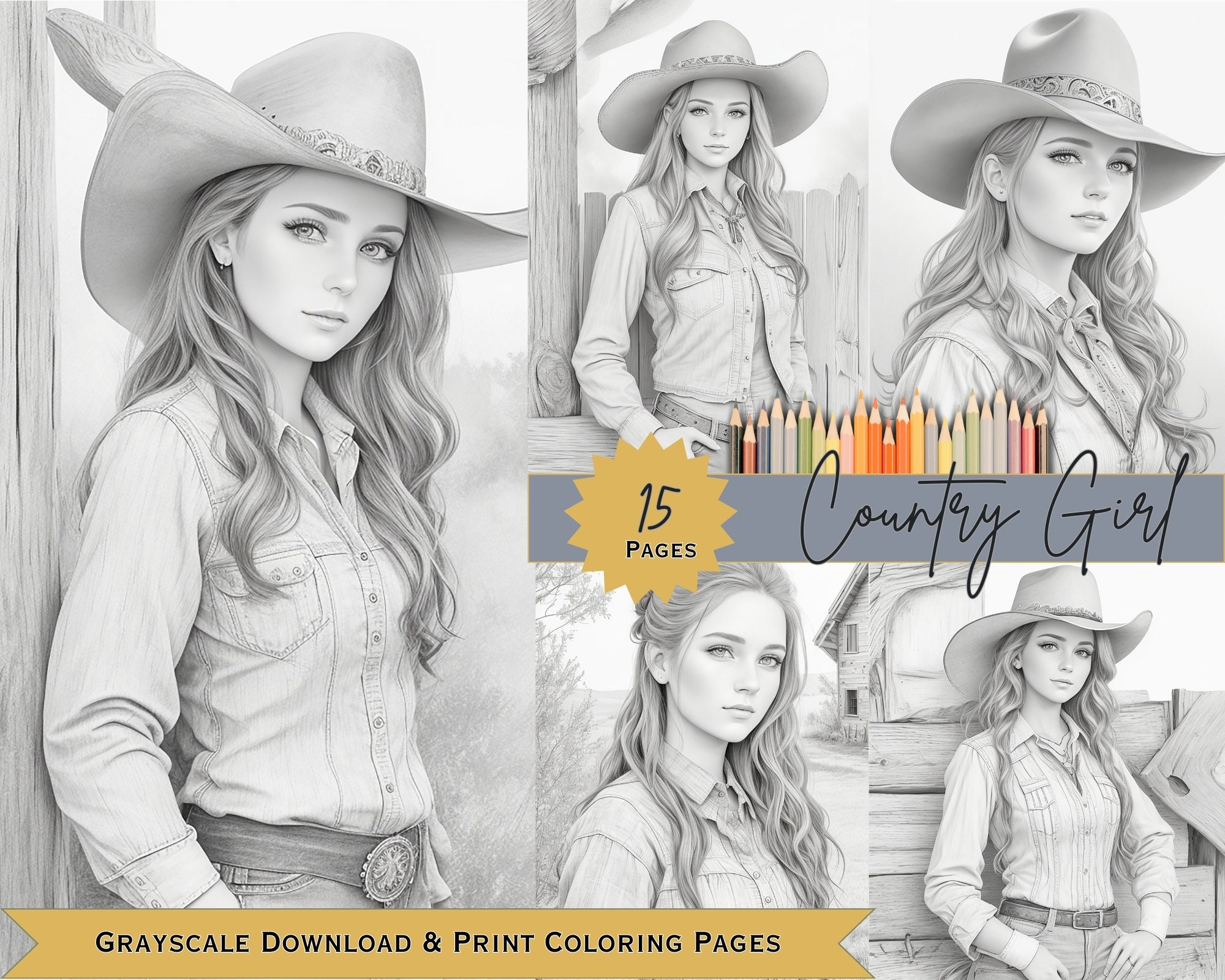 Digital Art Country Girl Coloring Book - Instant Download -beautiful  Grayscale Country Woman - Printable Pdf's Adult Relaxing Pages/sheets - Etsy, image size:2000x1600