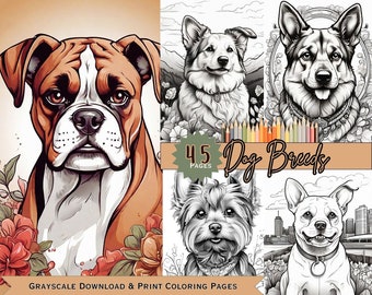 Libro para colorear de perros con arte digital / Descarga instantánea e impresión para todas las edades Libro para colorear de razas de perros digitales para adultos y niños