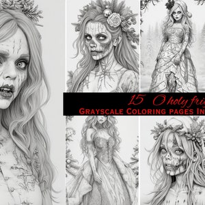 May include: A set of 15 grayscale coloring pages featuring spooky, gothic-inspired illustrations of women with holiday themes. The text "15 Oh Holy Fright Grayscale Coloring Pages Instant Download" is displayed on the image.