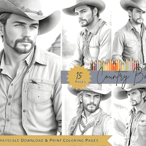 Digital Art PDF Handsome Rugged Cowboy Country Boy Men Coloring Books/Pages Instant Download Grayscale Printable Adults Therapeutic Sheets