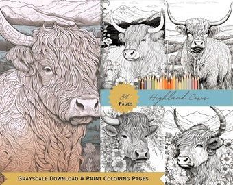 Digitale Kunst PDF Rustikal Highland Kühe, Malbuch, Malseiten für Erwachsene, Sofort Download, Malvorlage, bedruckbar