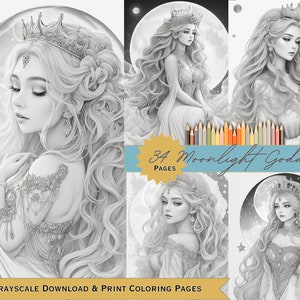 May include: A set of 34 grayscale colouring pages featuring illustrations of a woman with long flowing hair wearing a crown and a flowing gown. The woman is surrounded by stars and a crescent moon. The text "34 Moonlight Goddess Pages" is displayed on the image.
