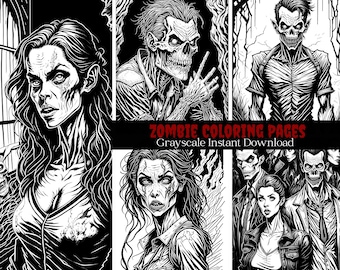 Puede incluir: Páginas para colorear de zombies en blanco y negro. La imagen muestra una colección de personajes de zombies en varias poses. El texto "Zombie Coloring Pages" y "Grayscale Instant Download" está en la parte inferior de la imagen.