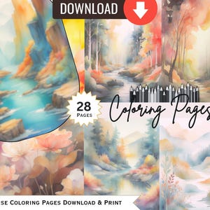 May include: A set of 28 reverse coloring pages featuring watercolor landscapes with a variety of scenes, including a river flowing through a forest, a mountain range, and a field of flowers. The pages are designed to be colored in reverse, with the colors appearing on the back of the page when viewed from the front. DOWNLOAD & PRINT.