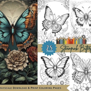 Digital Art Steampunk Butterflies Adult Coloring Book Pages Digital Steampunk Butterfly Coloring Book for Relaxation
