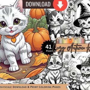 Cute Halloween Digital Art Cozy Fall Autumn Kittens Coloring Sheets Download Coloring Book Pages Instant Print Halloween Coloring Sheets