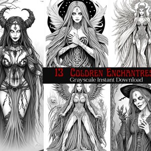 May include: A grayscale digital download featuring 13 illustrations of gothic enchantresses. Each image showcases a different witch or sorceress with detailed attire, wings, and horns. The text "COLDREN ENCHANTRESS Grayscale Instant Download" is visible.