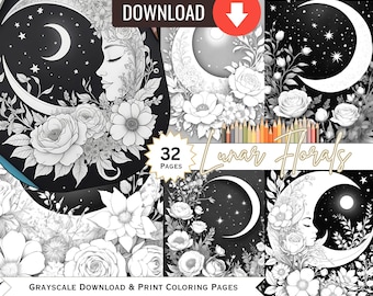 May include: A set of 32 grayscale coloring pages featuring floral designs with crescent moons. The text "Lunar Florals" is displayed in a banner across the top of the image. The text "DOWNLOAD" is displayed in a red arrow above the banner. The text "Grayscale Download & Print Coloring Pages" is displayed at the bottom of the image.