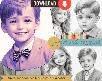 Digital Art PDF Cute Kids Coloring Book Page Instant Digital Grayscale, Download, Printable Relaxing/Therapeutic Pages/Sheets