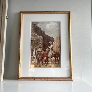 Vintage Western Cowboy Art Print in Vintage Frame