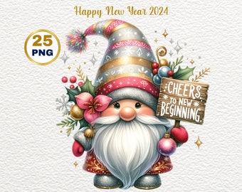 May include: A festive gnome with a red and white hat, holding a sign that says "Cheers to New Beginning." The gnome is surrounded by holly, berries, and a pink flower.